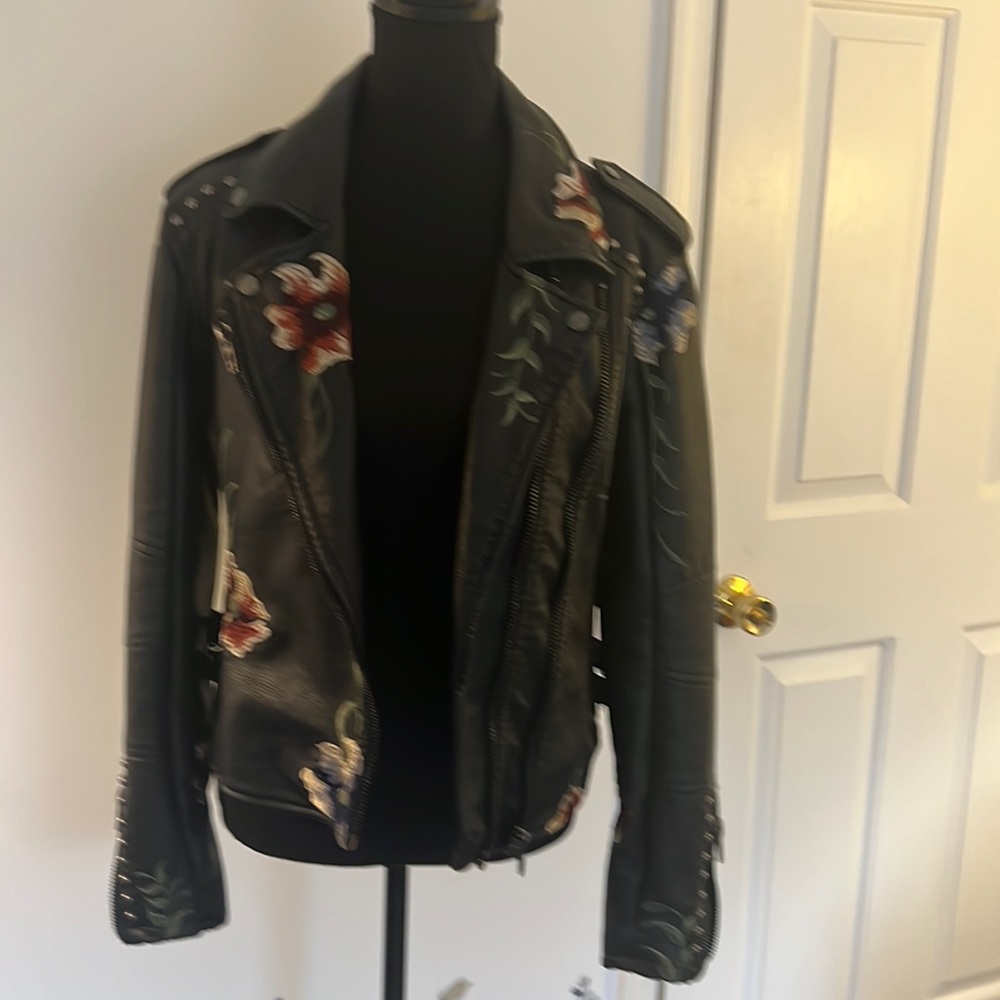 BLANKNYC floral embroidered faux leather moto jacket